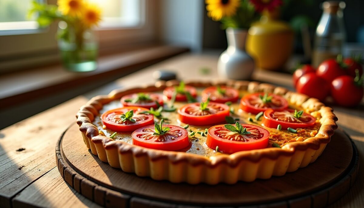 Délicieuse tarte savoureuse à la moutarde, thon fondant et tomates fraîches
